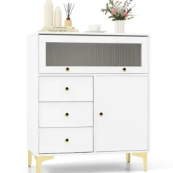 COSTWAY Kommode med Snoet Glasdør og 3 Skuffer, til Soveværelse, Stue, 80x40x95,5 cm, Hvid Vit