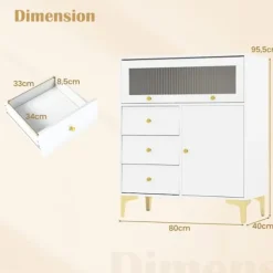 COSTWAY Kommode med Snoet Glasdør og 3 Skuffer, til Soveværelse, Stue, 80x40x95,5 cm, Hvid Vit