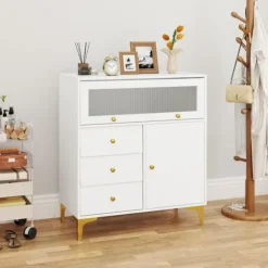 COSTWAY Kommode med Snoet Glasdør og 3 Skuffer, til Soveværelse, Stue, 80x40x95,5 cm, Hvid Vit