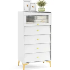 COSTWAY Kommode til Soveværelse med Vippende Glasdør og 4 Skuffe, til Soveværelse, Stue, 60x40x112,5 cm, Hvid Vit