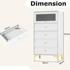 COSTWAY Kommode til Soveværelse med Vippende Glasdør og 4 Skuffe, til Soveværelse, Stue, 60x40x112,5 cm, Hvid Vit