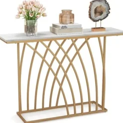 COSTWAY konsol entrémøbler, marmoreffekt - 120 x 30 x 80 CM - Skandinavisk konsolbord med guld metalramme til entre, stue vitt och guld