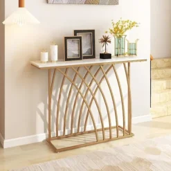 COSTWAY konsol entrémøbler, marmoreffekt - 120 x 30 x 80 CM - Skandinavisk konsolbord med guld metalramme til entre, stue vitt och guld