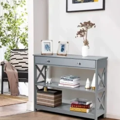 COSTWAY konsol, indgangsenhed - 100 x 30 x 80 CM - 1 skuffe og 2 opbevaringshylder til entre, stue grå Vit