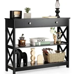 COSTWAY konsol, indgangsenhed - 100 x 30 x 80 CM - 1 skuffe og 2 opbevaringshylder til entre, stue sort