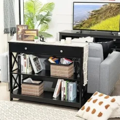 COSTWAY konsol, indgangsenhed - 100 x 30 x 80 CM - 1 skuffe og 2 opbevaringshylder til entre, stue sort