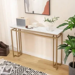 COSTWAY Konsol indgangsmøbler, marmoreffekt - 120 x 30 x 80,5 CM - Skandinavisk konsolbord Guld Metalstel til entre, stue vitt och guld