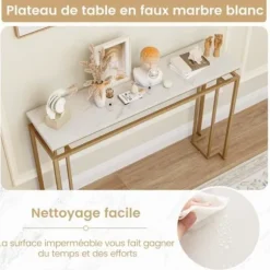 COSTWAY Konsol indgangsmøbler, marmoreffekt - 120 x 30 x 80,5 CM - Skandinavisk konsolbord Guld Metalstel til entre, stue vitt och guld