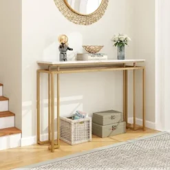 COSTWAY Konsol indgangsmøbler, marmoreffekt - 120 x 30 x 80,5 CM - Skandinavisk konsolbord Guld Metalstel til entre, stue vitt och guld