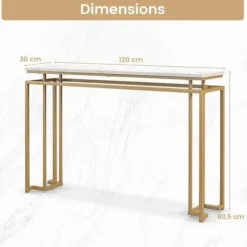 COSTWAY Konsol indgangsmøbler, marmoreffekt - 120 x 30 x 80,5 CM - Skandinavisk konsolbord Guld Metalstel til entre, stue vitt och guld