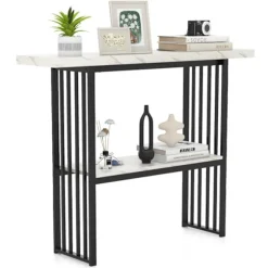 COSTWAY Konsol Møbel til Entré i 2 Etager med Marmorprint, Metalramme, 120 x 29,5 x 92,5 cm (L x B x H), Hvid + Sort vit svart