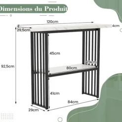 COSTWAY Konsol Møbel til Entré i 2 Etager med Marmorprint, Metalramme, 120 x 29,5 x 92,5 cm (L x B x H), Hvid + Sort vit svart