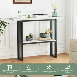 COSTWAY Konsol Møbel til Entré i 2 Etager med Marmorprint, Metalramme, 120 x 29,5 x 92,5 cm (L x B x H), Hvid + Sort vit svart