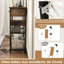 COSTWAY konsolbord - 2 USB-porte (5V-2A) og 2 3-hullers stik - industriel stil, 2 skuffer, 2 hylder Brun kastanj