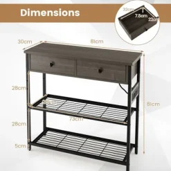COSTWAY konsolbord - 2 USB-porte (5V-2A) og 2 3-hullers stik - Industriel stil - 2 skuffer - 2 hylder - Grå grå