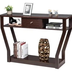 COSTWAY konsolbord - 120x30x81CM - 1 skuffe og 2 rum til opbevaring, landlig stil, brune indgangsmøbler Brun