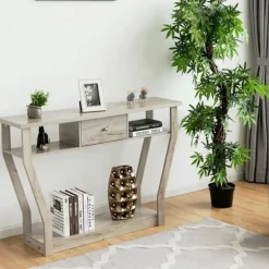 COSTWAY konsolbord - 120x30x81CM - 1 skuffe og 2 rum til opbevaring, landlig stil, naturlige indgangsmøbler Svart