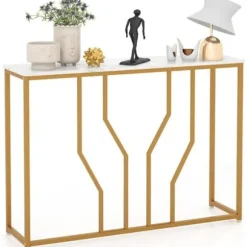 COSTWAY Konsolbord, Entré Møbel Marmor Effekt 110 x 30 x 80 CM Moderne Geometrisk Design Guld Metalramme vitt och guld