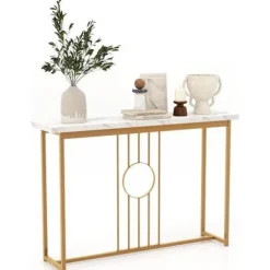 COSTWAY Konsolbord, Entrémøbel med marmoreffekt 120 x 30 x 80,5 CM (L x B x H) - Guldmetalramme, skandinavisk s vitt och guld