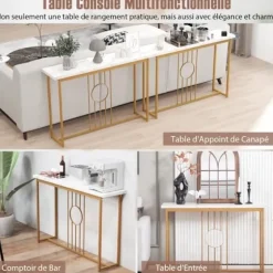 COSTWAY Konsolbord, Entrémøbel med marmoreffekt 120 x 30 x 80,5 CM (L x B x H) - Guldmetalramme, skandinavisk s vitt och guld