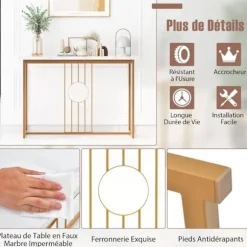 COSTWAY Konsolbord, Entrémøbel med marmoreffekt 120 x 30 x 80,5 CM (L x B x H) - Guldmetalramme, skandinavisk s vitt och guld