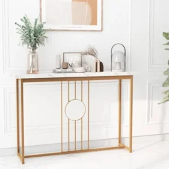 COSTWAY Konsolbord, Entrémøbel med marmoreffekt 120 x 30 x 80,5 CM (L x B x H) - Guldmetalramme, skandinavisk s vitt och guld
