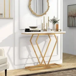 COSTWAY Konsolbord i imiteret marmor, tipsikring, sidebord til entré i stuen, hvid og guld Vitt och guld