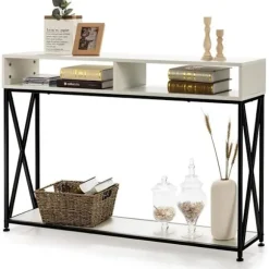 COSTWAY Konsolbord i industriel stil 120 x 23 x 79 CM Stålkonstruktion Anti-vip indgangsmøbler Hvid