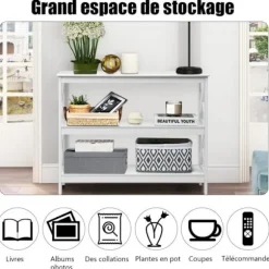 COSTWAY Konsolbord i industriel stil 100 x 33 x 80 CM, 3 hylder Entrémøbler til stue, entre Hvid Vit