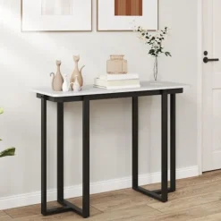 COSTWAY Konsolbord i Marmor-look, Geometrisk Metalstruktur 107 x 40 x 79,5 cm til Stue, Gang (Sort)