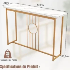 COSTWAY konsolbord, indgangsmøbler med marmoreffekt 120 x 30 x 80,5 CM (L x B x H) - Metalstel i guld, skandinavisk stil vitt och guld