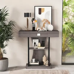COSTWAY konsolbord, indgangsmøbler - 3 hylder, 1 skuffe - L91 x D30 x H88 - Grå skandinavisk stil