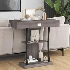 COSTWAY konsolbord, indgangsmøbler - 3 hylder, 1 skuffe - L91 x D30 x H88 - Grå skandinavisk stil