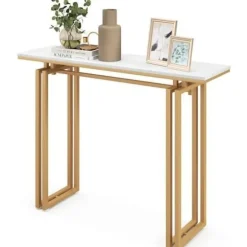 COSTWAY konsolbord, marmoreffekt - 110 x 30 x 81 CM, gangmøbler i skandinavisk stil, metalstel i guld vitt och guld