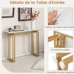COSTWAY konsolbord, marmoreffekt - 110 x 30 x 81 CM, gangmøbler i skandinavisk stil, metalstel i guld vitt och guld