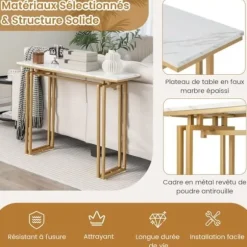 COSTWAY konsolbord, marmoreffekt - 110 x 30 x 81 CM, gangmøbler i skandinavisk stil, metalstel i guld vitt och guld