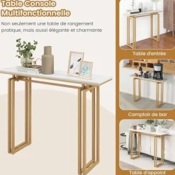 COSTWAY konsolbord, marmoreffekt - 110 x 30 x 81 CM, gangmøbler i skandinavisk stil, metalstel i guld vitt och guld