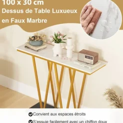 COSTWAY Konsolbord Marmor Effekt - Geometrisk Skandinavisk Stil - 100 x 30 x 79 cm (L x B x H) Ramme i Gyldent Metal