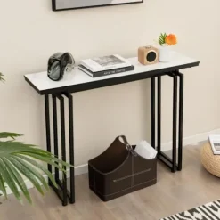 COSTWAY konsolbord, marmoreffekt - 110 x 30 x 81 CM, entremøbler i skandinavisk stil, sort metalstel Vit och svart