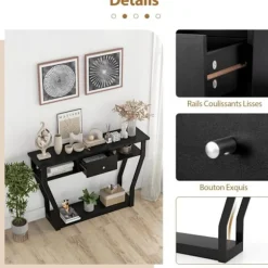 COSTWAY konsolbord med 1 skuffe og 2 opbevaringsrum, Country Style, Sort Svart