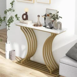 COSTWAY konsolbord med marmortryk - 100 x 29,5 x 80,5 cm (L x B x H) - Metalstel i guld - moderne skandinavisk stil GULD