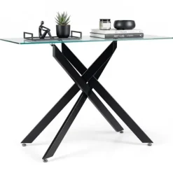 COSTWAY Konsolbord til Entré i Transparent Sikkerhedsglas, Robust Metalramme L115 x B45 x H78 CM Sort