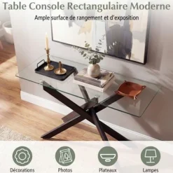 COSTWAY Konsolbord til Entré i Transparent Sikkerhedsglas, Robust Metalramme L115 x B45 x H78 CM Sort