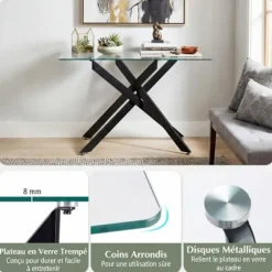 COSTWAY Konsolbord til Entré i Transparent Sikkerhedsglas, Robust Metalramme L115 x B45 x H78 CM Sort