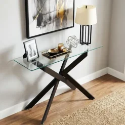COSTWAY Konsolbord til Entré i Transparent Sikkerhedsglas, Robust Metalramme L115 x B45 x H78 CM Sort