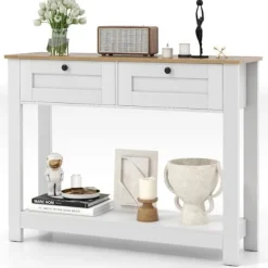 COSTWAY Konsolbord-106 x 30 x 81,5 cm (L x b x H) - 2 Skuffer og 1 Hylde, Smalt Entré Bord, Landlig Stil Natur + Vit
