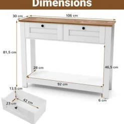 COSTWAY Konsolbord-106 x 30 x 81,5 cm (L x b x H) - 2 Skuffer og 1 Hylde, Smalt Entré Bord, Landlig Stil Natur + Vit