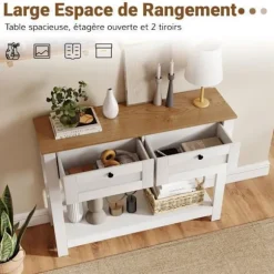 COSTWAY Konsolbord-106 x 30 x 81,5 cm (L x b x H) - 2 Skuffer og 1 Hylde, Smalt Entré Bord, Landlig Stil Natur + Vit