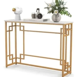 COSTWAY Konsolentrémøbler, marmoreffekt - 110 x 30 x 81 CM - Konsolbord i kinesisk stil i guldmetalramme til entre, stue Vitt och guld