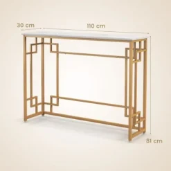 COSTWAY Konsolentrémøbler, marmoreffekt - 110 x 30 x 81 CM - Konsolbord i kinesisk stil i guldmetalramme til entre, stue Vitt och guld
